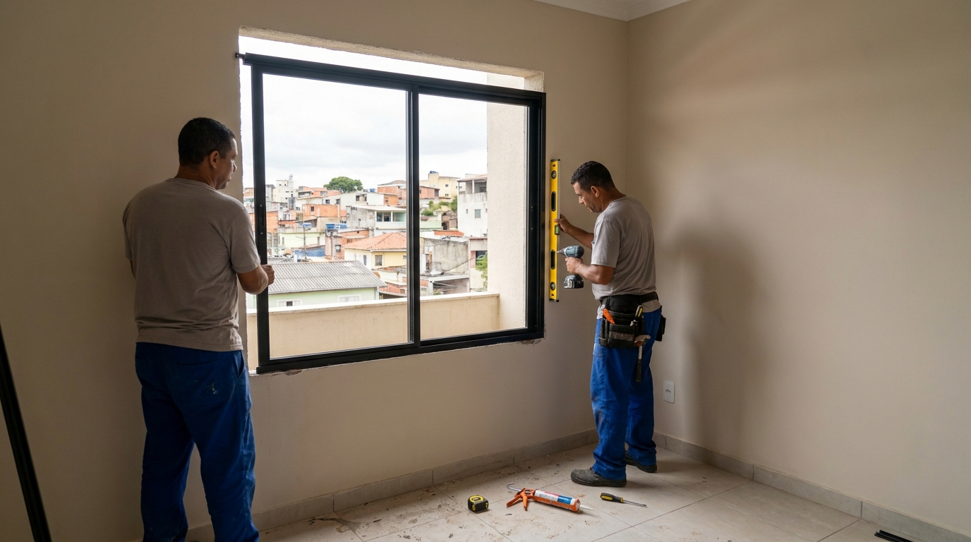 Esquadria de alumínio em quarto bege em Londrina-PR